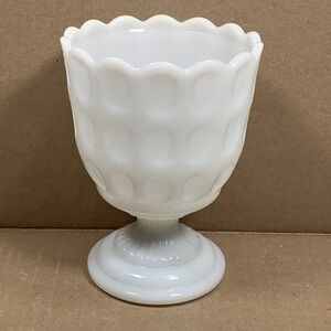 E.O. Brody White Milk Glass Footed Compote Dish Scalloped 1950s Thumbprint Retro